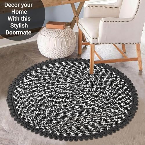 Image of Kuber Industries Pack of 2 Round Durable Door & Bathroom Mat for Indoor & Outdoor Use | 30 inchx30 inch Washable Kitchen Mat for Floor | Bedside Rug & Balcony Paidan | Spiral Design - Grey & White