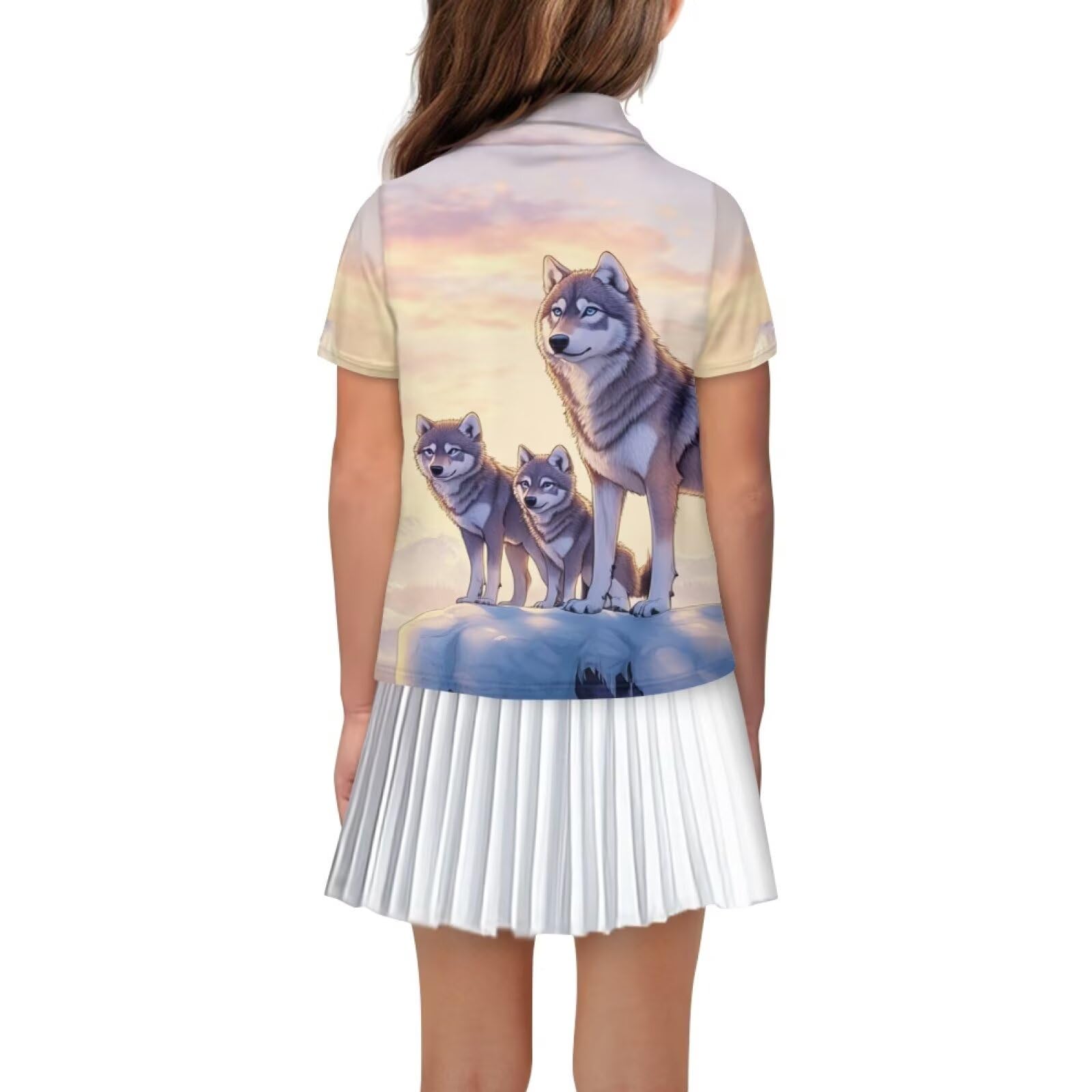 Frymappies Girl Wolf Golf Shirts Size 13-14 Kids Short Sleeve Collared Tennis Shirt Summer Button Up Golf Uniform Little Girls Novelty Quickly Dry Athletic Workout Sport Outfits