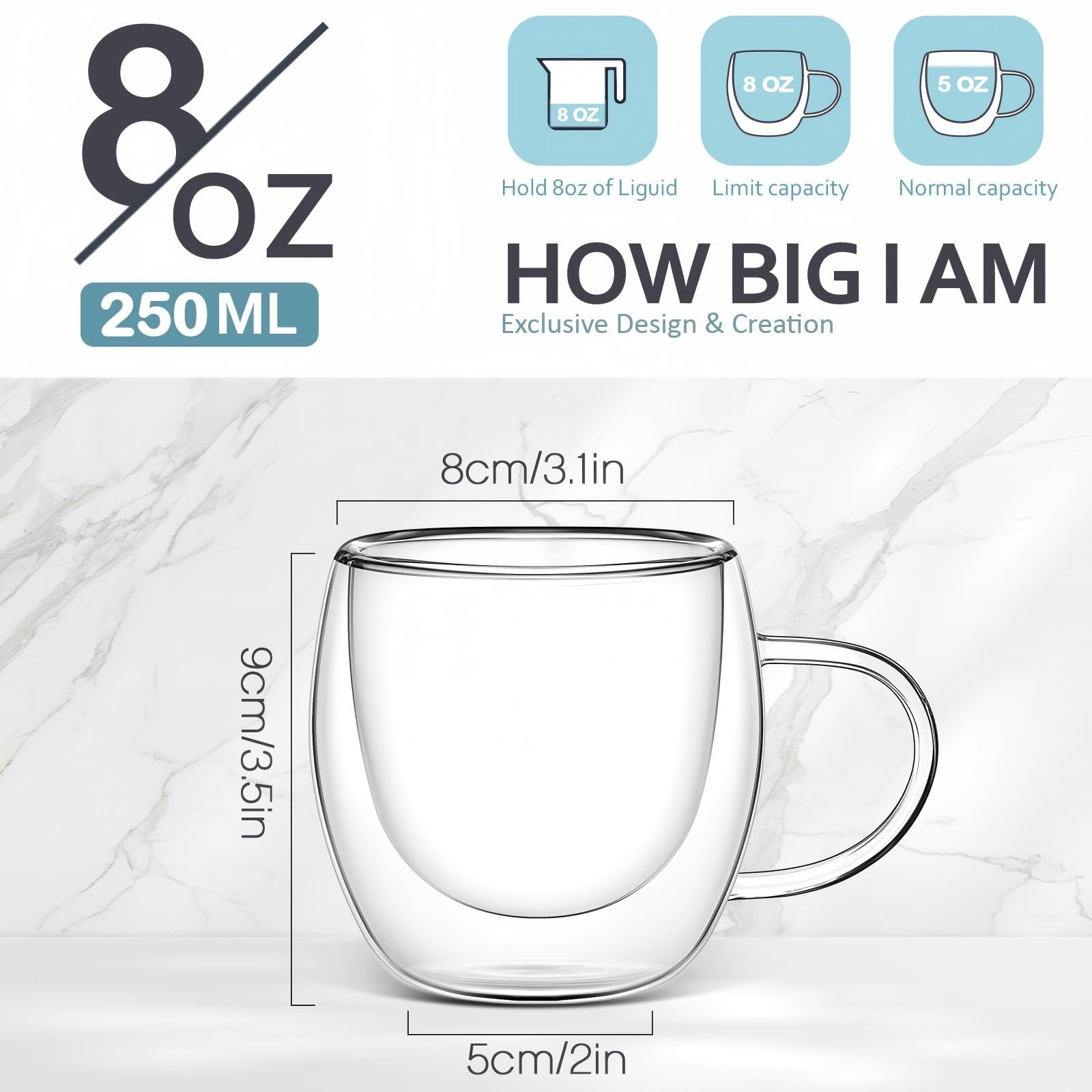 Amazon.com: Didaey 8 Pack 8 oz Glass Coffee Mugs Clear Insulated Glass  Espresso Coffee Cups with Handle Cafe Mugs Set Borosilicate Glassware Cups  for Tea Latte Hot Iced Beverages : Home & Kitchen