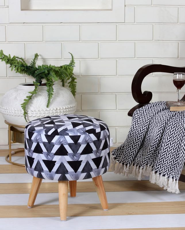 Image of Shadowkart Premium Velvet Round Ottoman Printed Stool Cover - Ottoman Slipcover for Vanity & Footstool - Washable, East to Remove & Fits in 16-Inch Diameter, 8 In Box Height (Stul Covr-Black Triangle)