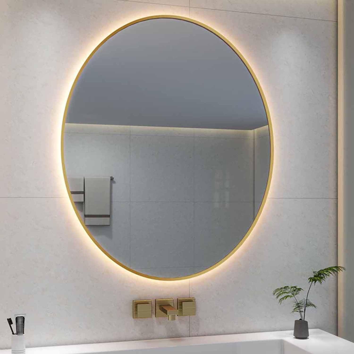 FGXHHS 3 Colors Dimmable with Lights 36"x28" Gold Oval LED 28"x20" Fogless Lighted Makeup Touch Switch Metal Frame(40"x30")