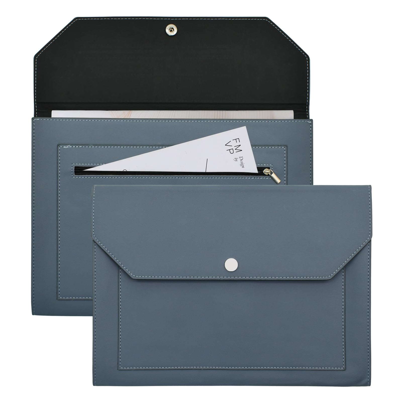 VANRA Cartella portadocumenti espandibile in pelle PU, con tasca con bottone a pressione, tasca con cerniera, per fogli formato A4 (blu scuro)