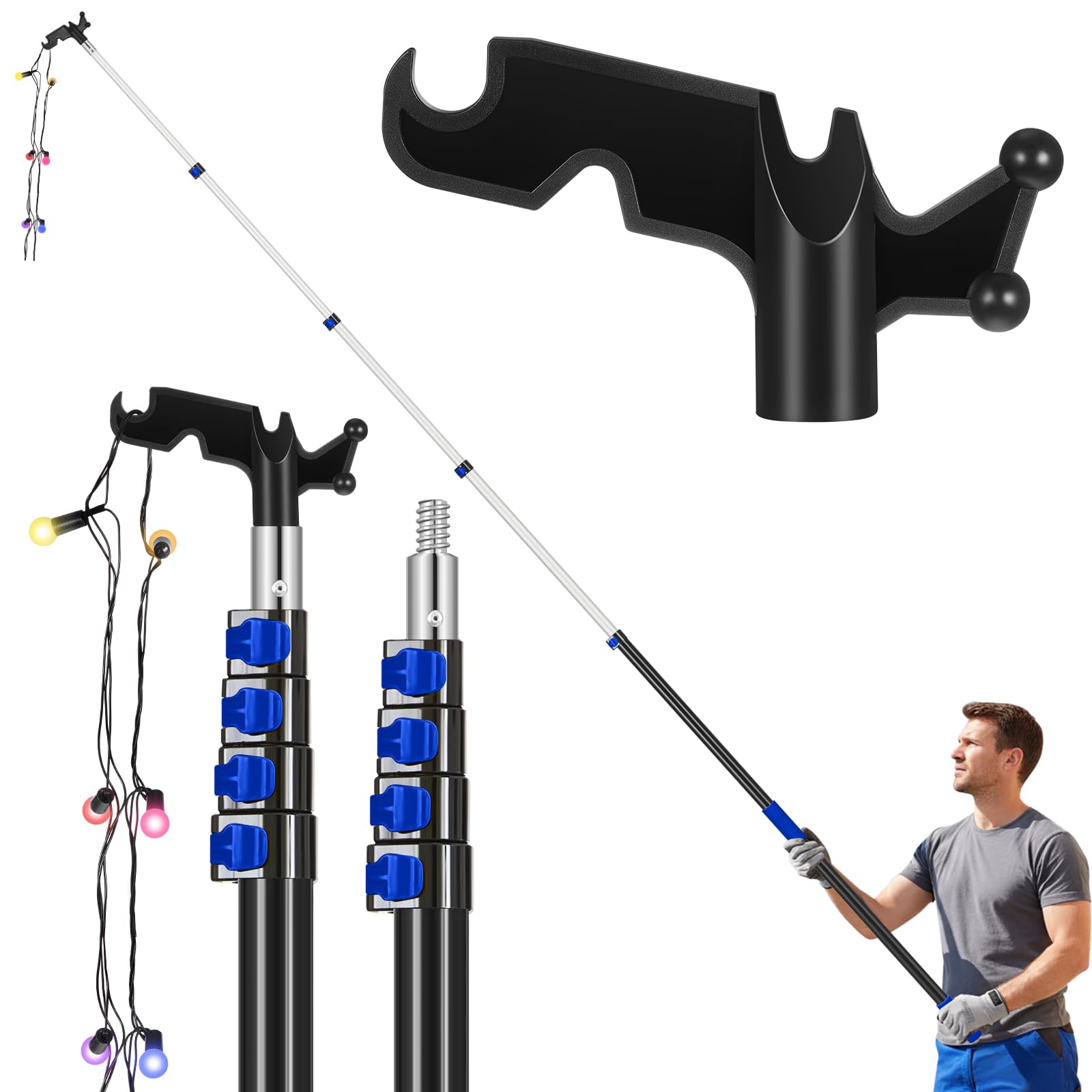 7-30 ft Telescopic Extension Pole with Utility Hook, Multi-Purpose Aluminum Pole for Painting, Dusting and New Year Window Cleaning Christmas Lights Installation Without a Ladder(Blue)