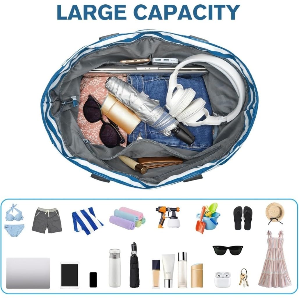 Sac fourre-Tout de Plage pour Femme, Fourre-Tout Pliable de Plage résistant à l'eau avec Pochette, Rayures Bleues et Blanches
