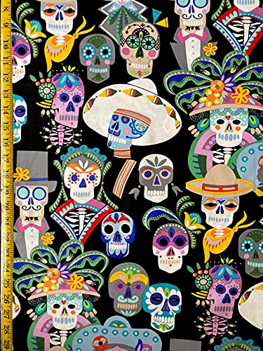 Premium Carita Calaveras Black Cotton Fabric by Alexander Henry – Perfect for Creative Crafts & Stylish Projects by the Half Yard