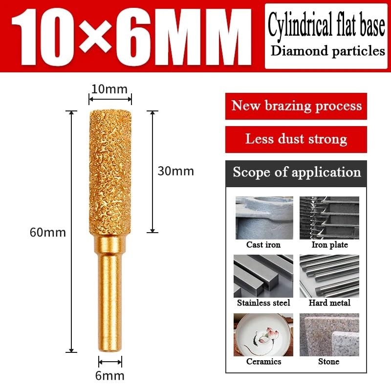 MiJunHD Diamond Brazed Grinding Head 10mm Cylinder Type,6mm Round Handle Coarse Grit Polish Burr Drill Bit for Wood Stone Carving Metal Sanding - Image 2