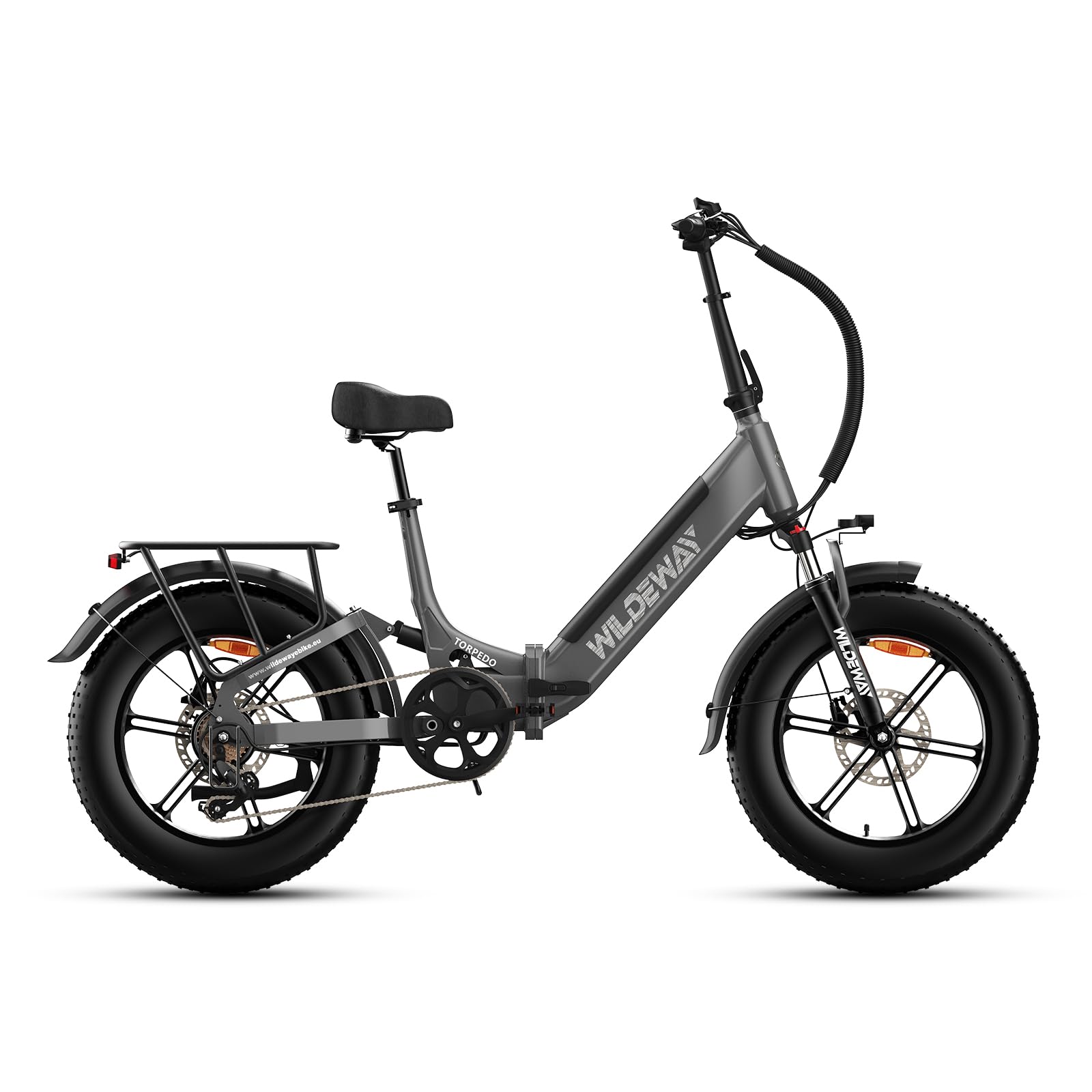 Torpedo Folding Electric Bicycle Features a 48V 15Ah Removable Battery, 20-inch x 4.0-inch Wide Tires, a 7-Speed Transmission, and Hydraulic Brakes