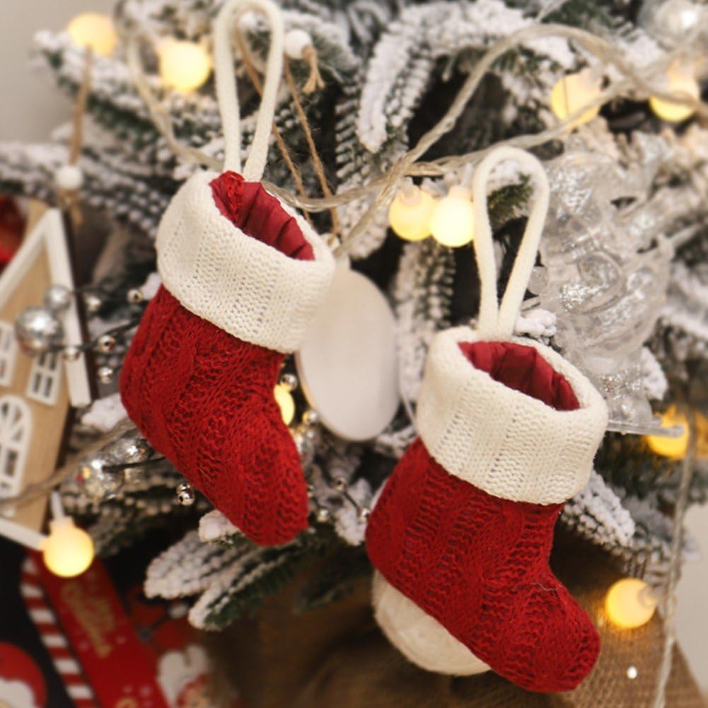 Hperu 5 Stück Weihnachtsstrümpfe Mini - Gestrickte Hängestrümpfe Grün-weiß 10cm