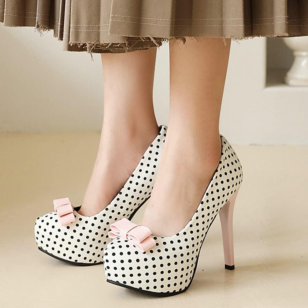 KOKOMOMO Womens Polka Dot High Heels Round Toe Platform Stiletto Pumps with Bows