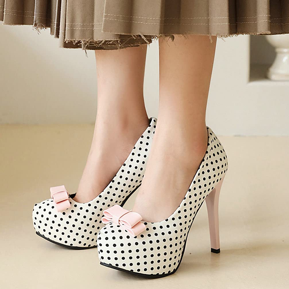 KOKOMOMO Womens Polka Dot High Heels Round Toe Platform Stiletto Pumps with Bows