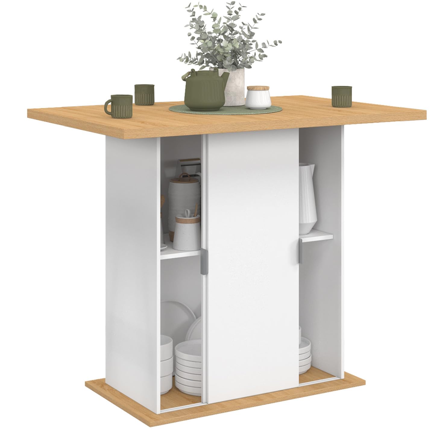 IDMarket - Ilot Central 4 Personnes Paxton 110 cm Pied Central avec Rangement Bois Blanc avec Plan de Travail façon hêtre