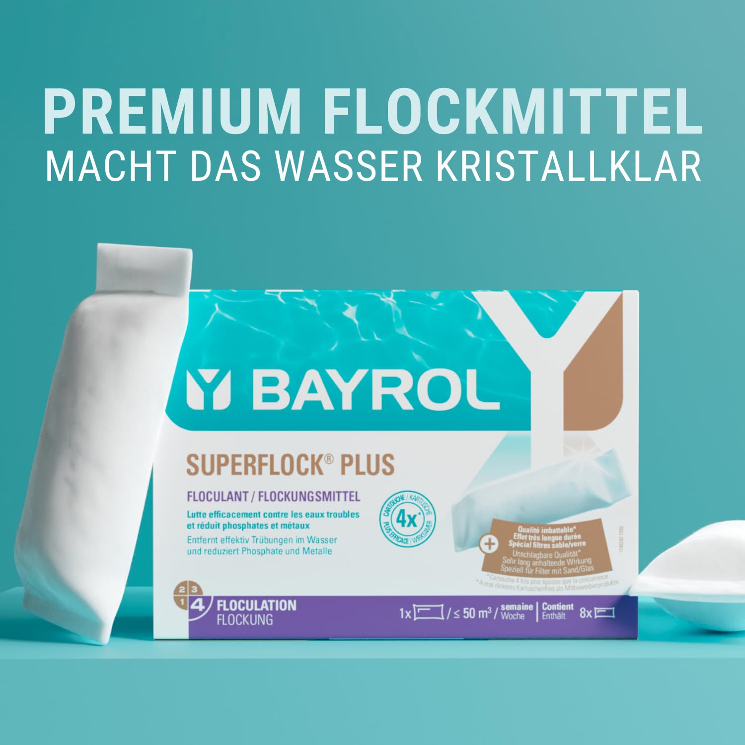 BAYROL Superflock Plus 4 x 1 kg - Flockungsmittel Pool für Sandfilter/Filterglas - Flockkartusche Pool - Macht das Wasser kristallklar