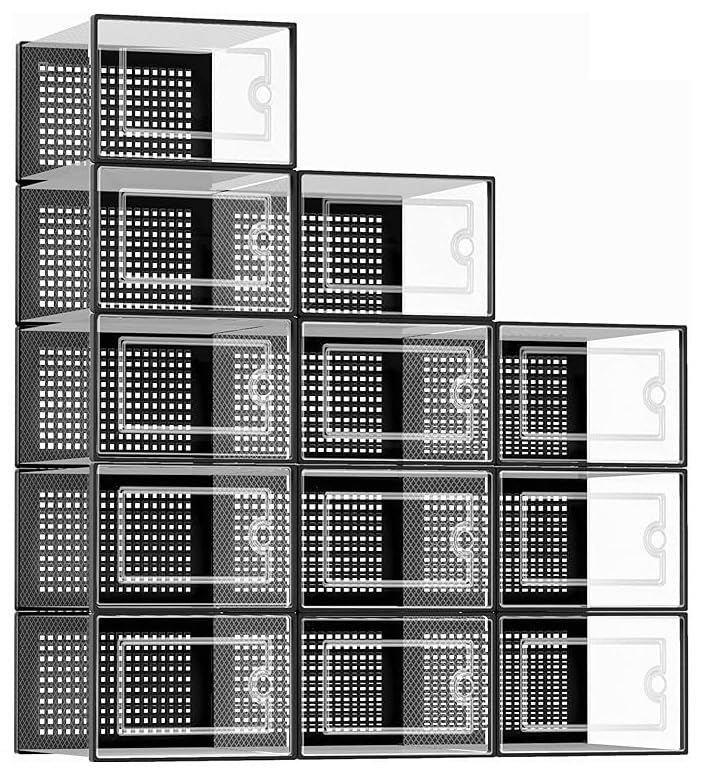 TAPIT 12PCS Shoe Storage Box with Lids Clear Plastic Stackable Shoe Organizer for Closet Space Saving Foldable Shoe Rack Sneaker Container Bins Holders Cabinet for Entryway Bedroom (Black, 12PCS)