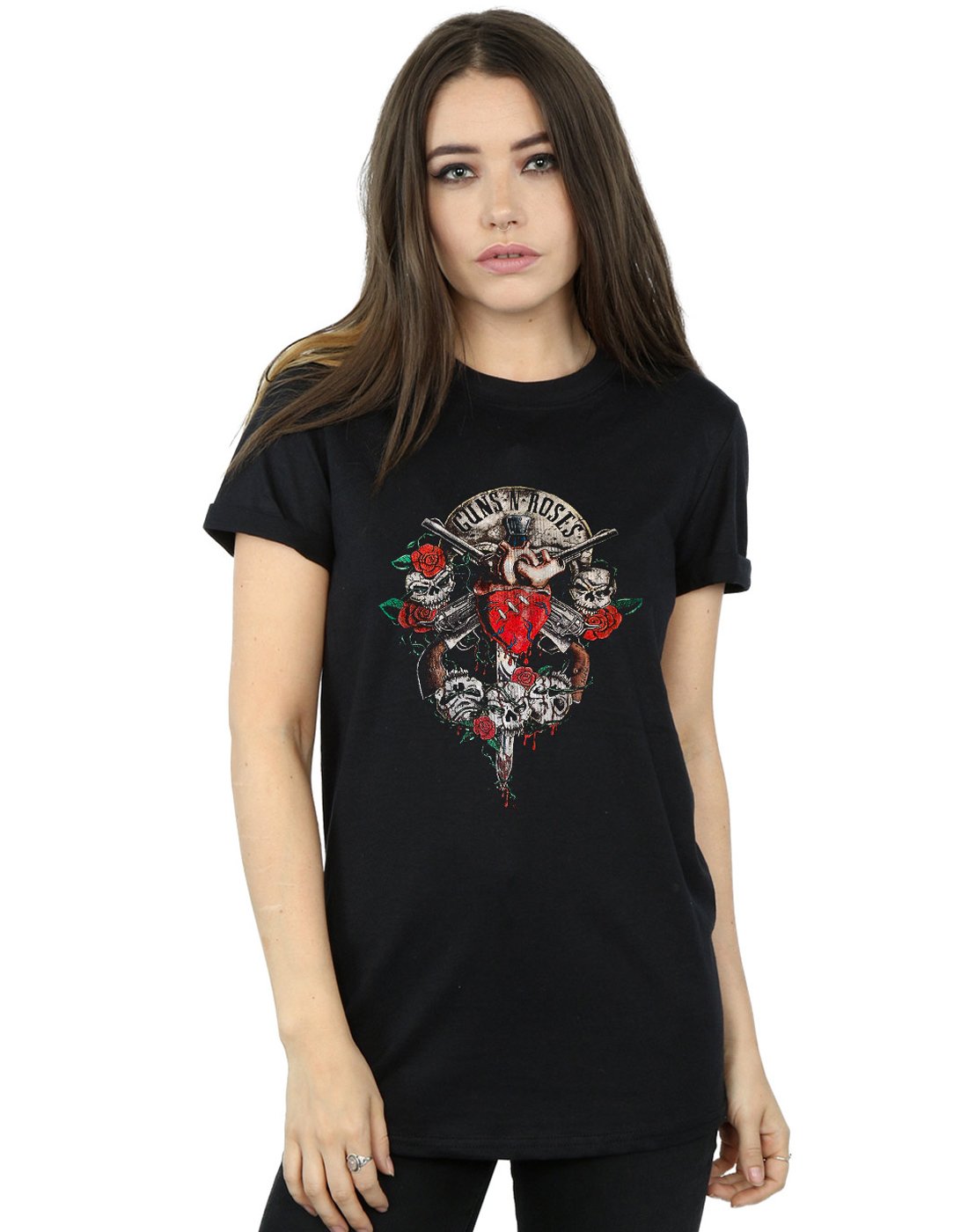 Absolute Cult Guns N Roses Women's Bleeding Heart Boyfriend Fit T-Shirt Black Small