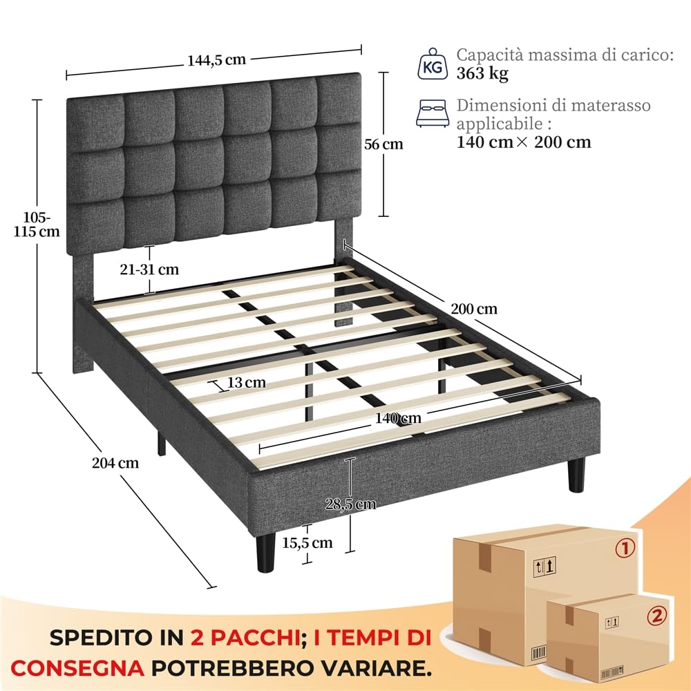 Yaheetech Letto Imbottito 140 x 200 cm con Testiera Quadrata Altezza Regolabile Doghe in Legno Grigio Scuro