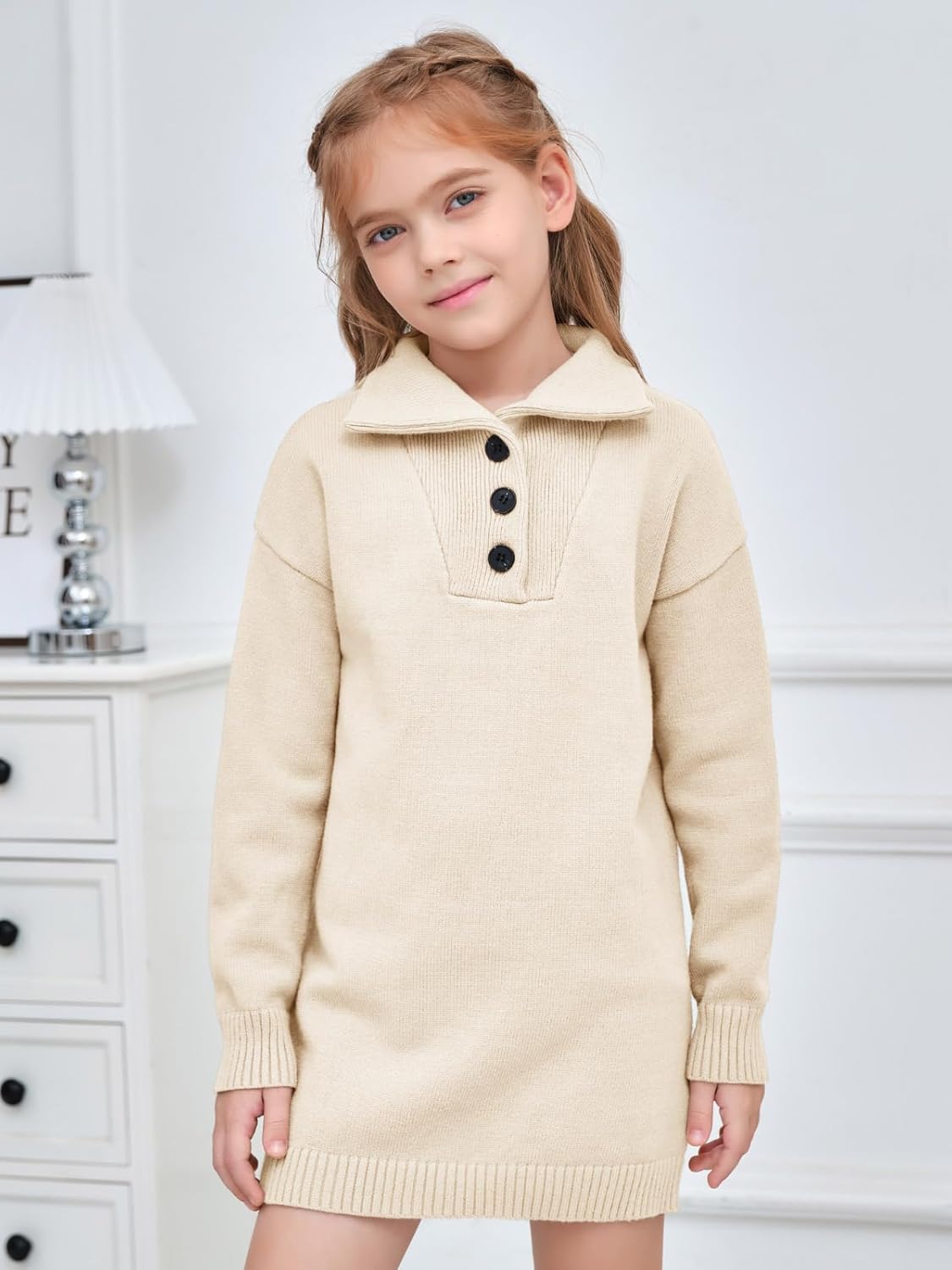 Meikulo Girls Sweater Dress Long Sleeve Knitted Button Up Dress Kids Pullover Fall Dresses 5-14 Years - Image 2