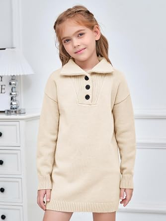 Meikulo Girls Sweater Dress Kids Knitted Button Pullover Dresses 5-14 Years