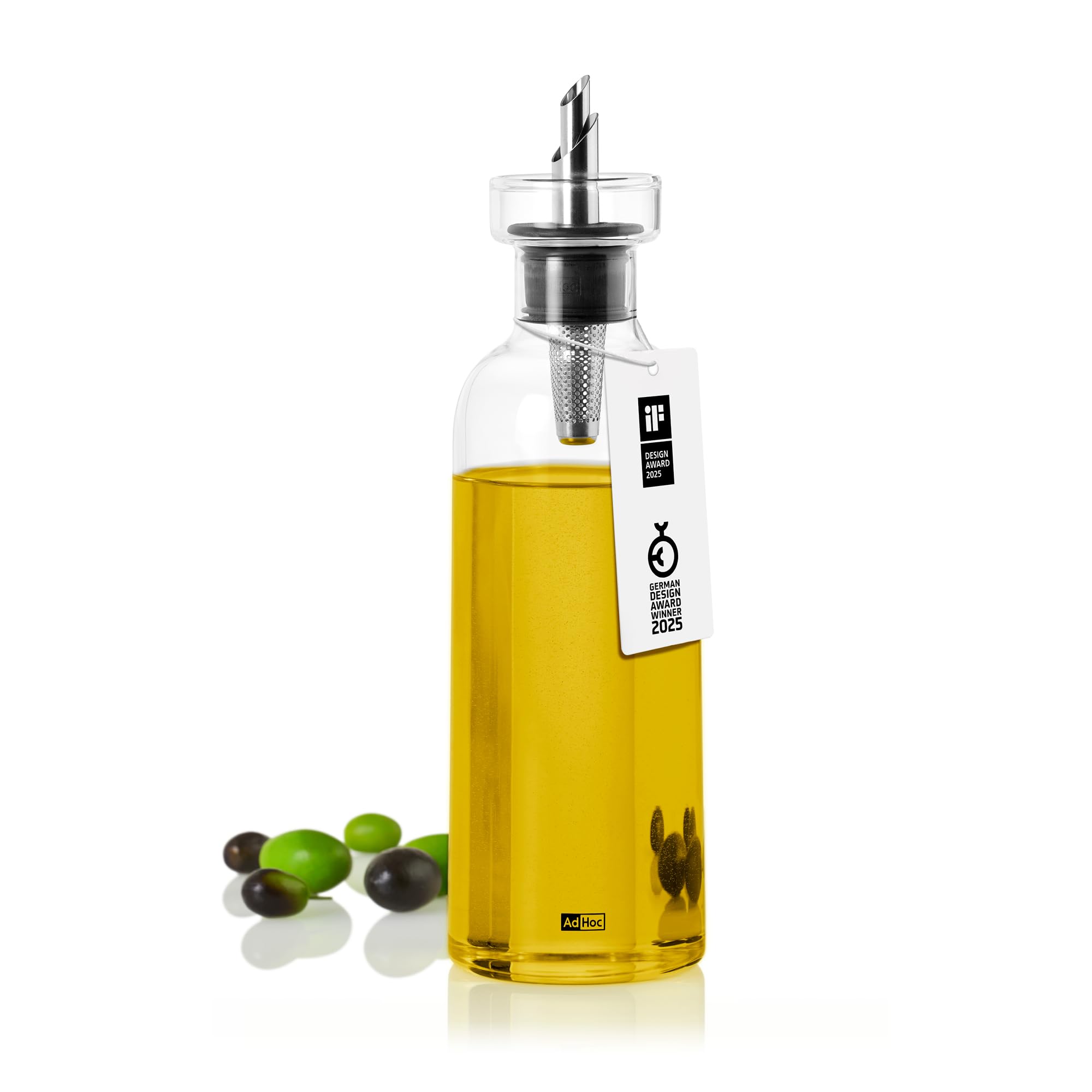AdHoc BZ82 Ölspender oder Essigspender AromaPour aus Borosilikatglas | elegante Olivenölflasche mit Ausgießer aus Edelstahl | ideal auch für Kürbiskern-Öl oder Essig | luftdicht, 500 ml