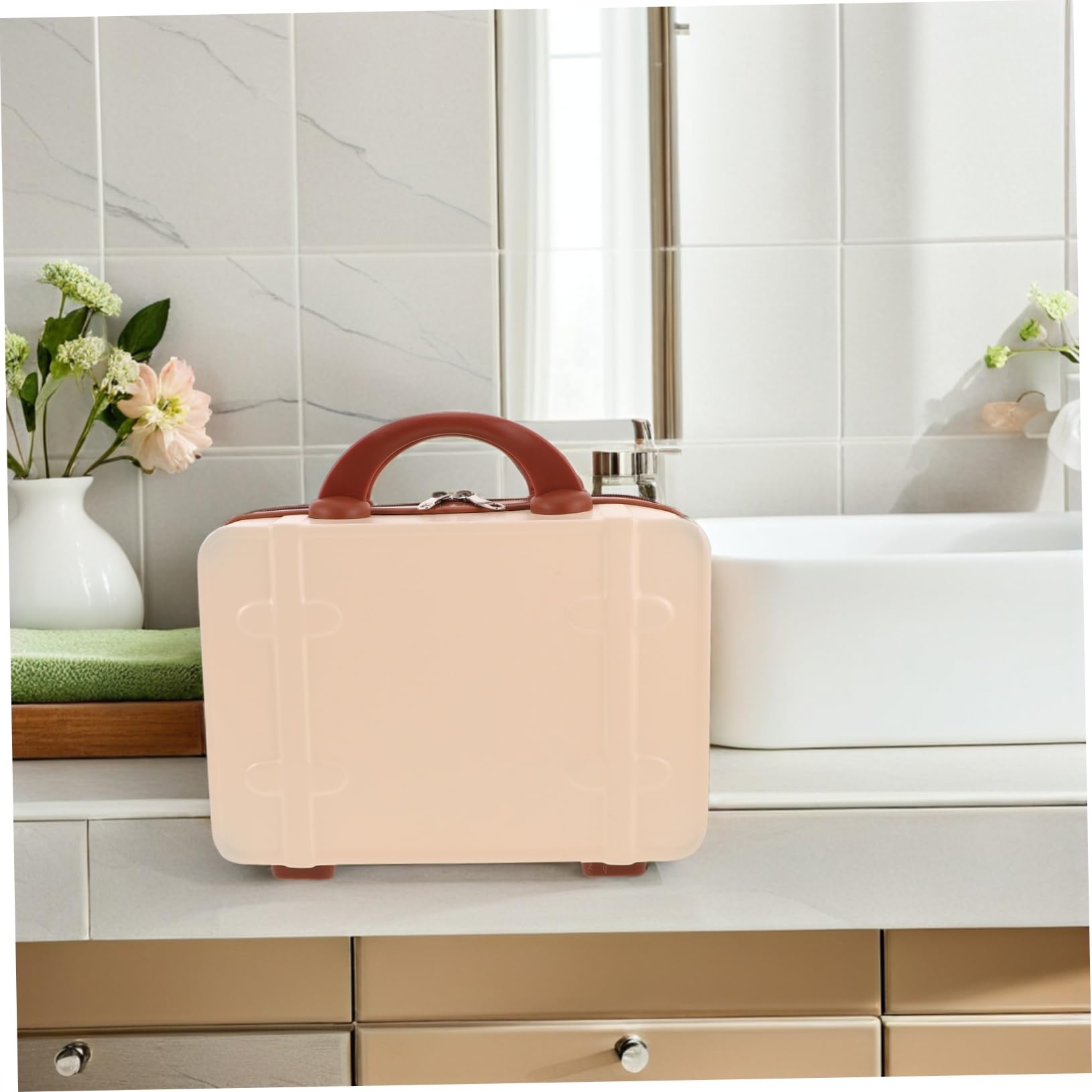 Vintage Kleiner Kosmetikkoffer 14 Zoll aus Abs in Beige | Multikammer Innenraum, für Reise und Alltag, Kompakte Aufbewahrung mit Stabiler Struktur