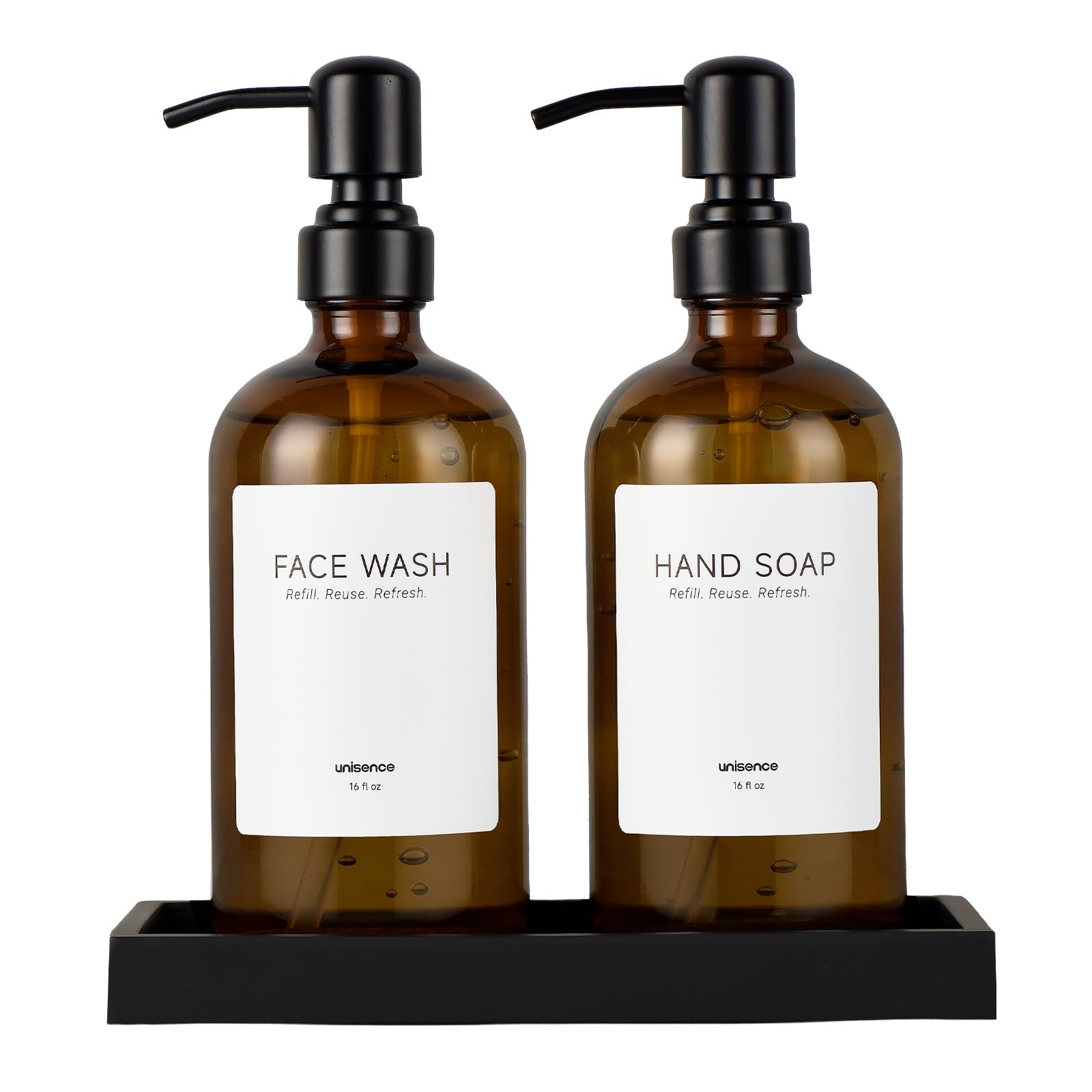 Set dispenser di sapone in vetro per cucina, dispenser di sapone per mani e piatti, con pompa in acciaio inossidabile e vassoio in resina, dispenser di sapone da banco ricaricabile moderno per cucina