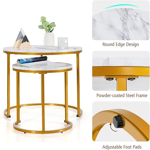 Miniatura 5 de Giantex Juego de 2 mesas auxiliares apilables redondas con marco de madera y marco de acero recubierto de polvo, mesas auxiliares vintage que