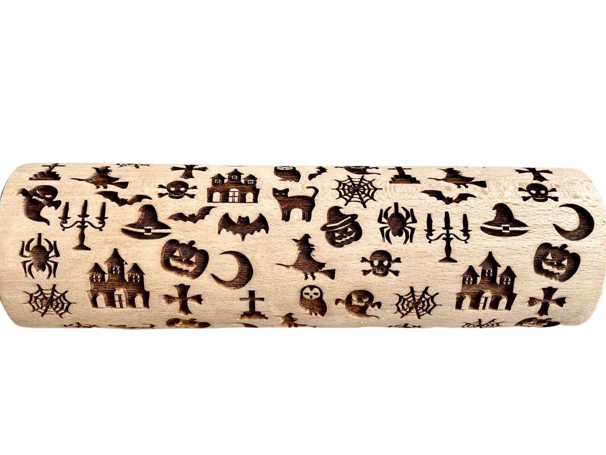 HALLOWEEN COMPANY Embossing Rolling Pin for Halloween cookies. Laser engraved rolling pin with Moon, Owl, Spider, Ghost - Image 2