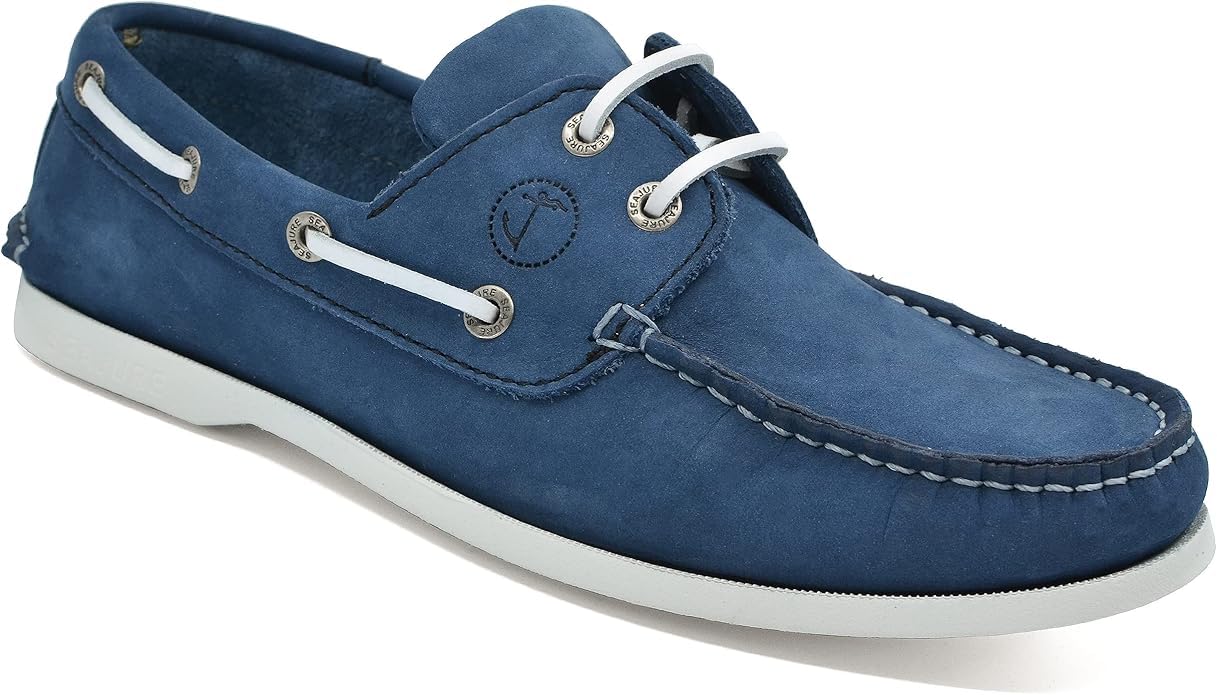 Seajure Trebaluger Bootsschuhe Herren Leder, Blau, Premium Segelschuhe, Mokassins, Slipper, Halbschuhe aus Echtleder Nubuk, rutschfeste Non Marking Gummisohle, handgefertigt in Portugal