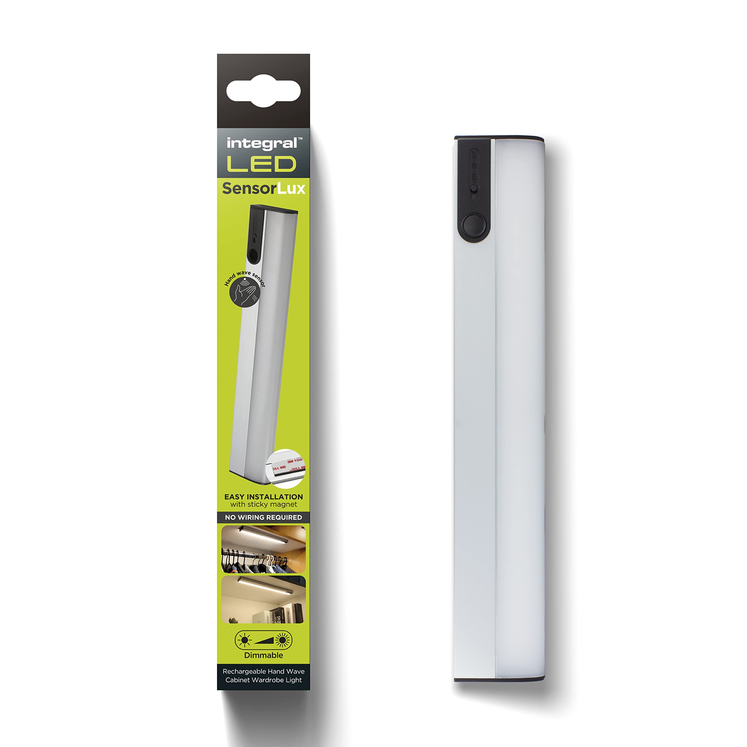 Integral Wardrobe Led Sensorlux Warm White Dimmable Motion Detection Under Cabinet & Light With Magnetic Strip – Aluminium Construction, Rechargeable 1600Mah Battery & Easy To Install