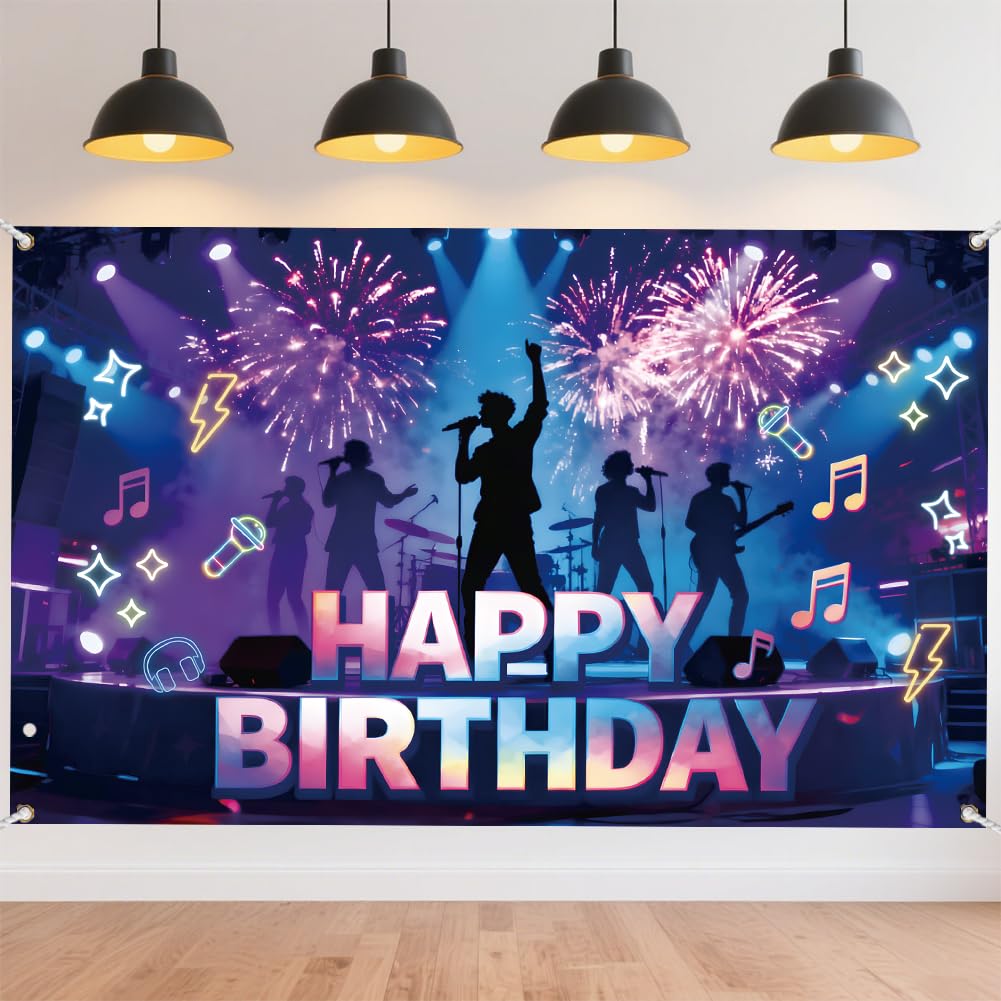 CRAFTYMELODY K-Pop Music Birthday Banner 72×44 Inch Disco Happy Birthday Backdrop Wall Banner Photo Booth Indoor Outdoor with Grommets 3.2 Yard String for Party Decoration Supplies