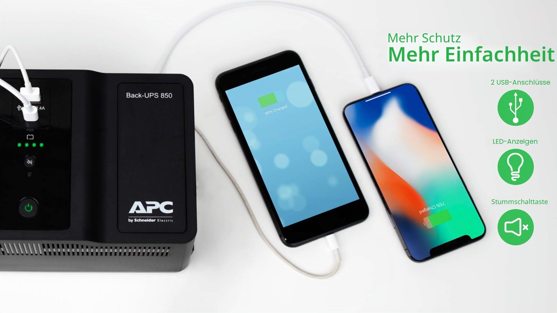 APC by Schneider Electric Back-UPS ES - BE850G2-UK - Unterbrechungsfreie Stromversorgung 850VA (8 Ausgänge, Überspannungsschutz, 2 USB-Ladeanschlüsse), Schwarz, 1 Stück