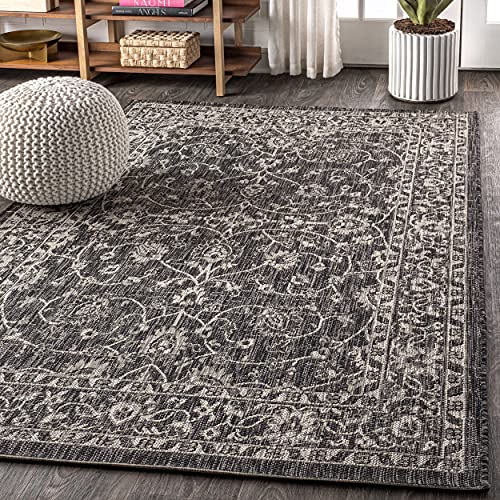 Image of JONATHAN Y Vine and Border Indoor Outdoor Area Rug 5X8 Black /Gray, Palazzo Textured Weave for Backyard, Patio, Porch, Easy-Cleaning, High Traffic, Pet-Friendly, Non-Shedding (SMB103C-5)
