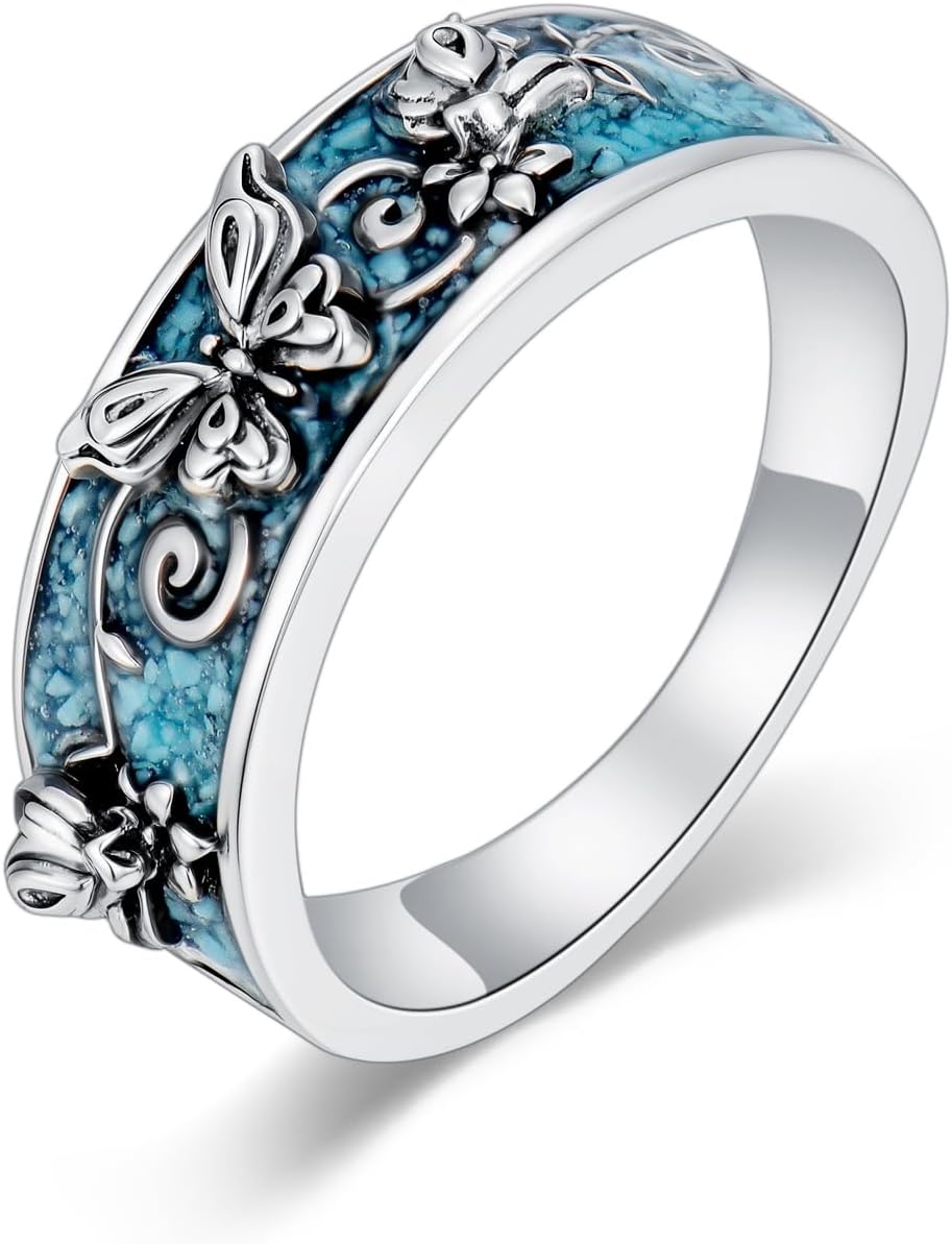Midari Turquoise Rings S925 Sterling Silver Western Turquoise Jewelry Women's Eternity Band Rings Christmas Jewelry Gifts for Wife Mom Size 7-9