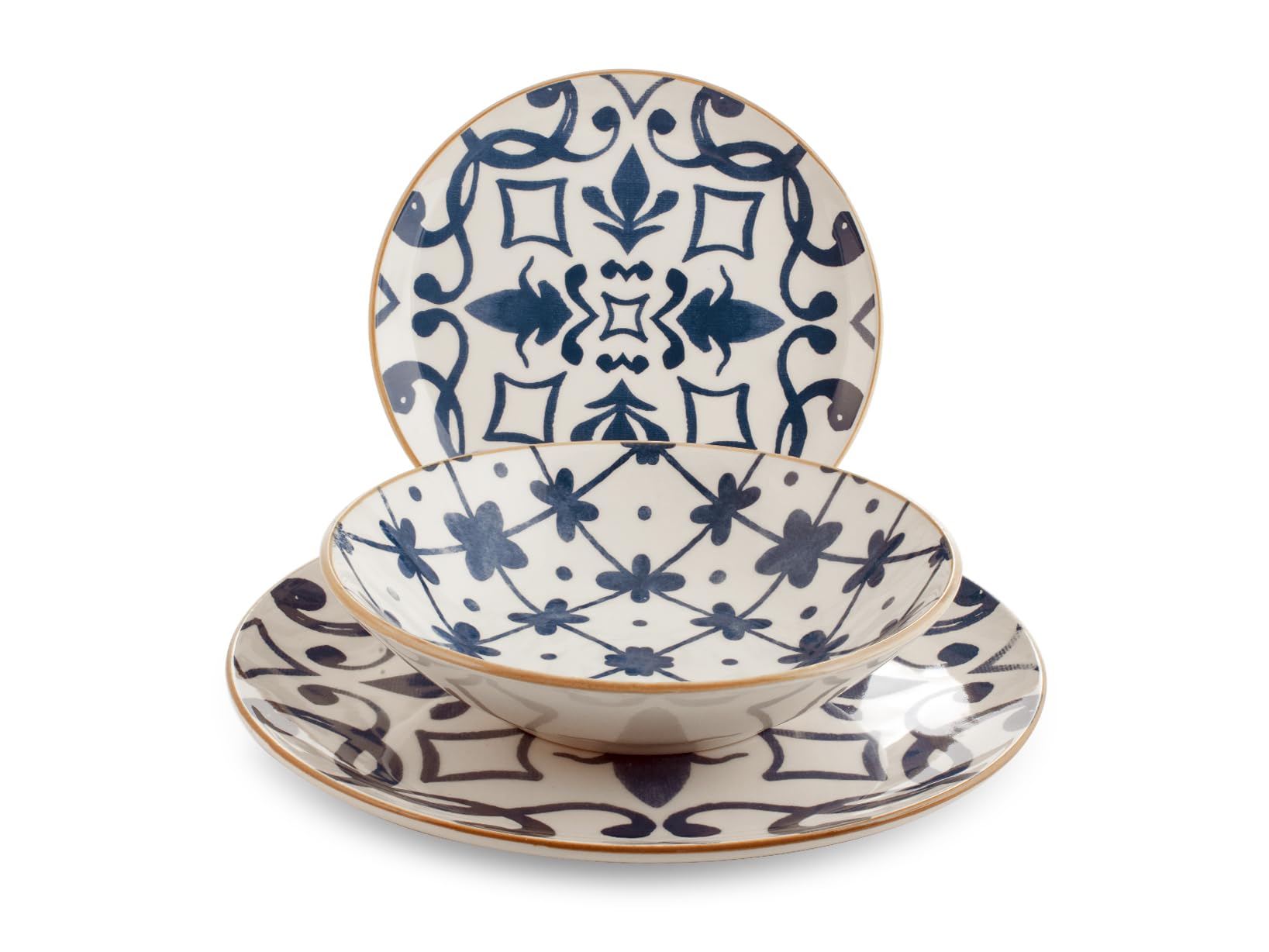 H&H Beatriz Servizio Tavola 18 Pezzi in Stoneware Decorato, Set Piatti Completo per 6 Persone, Design Blu con Motivi Floreali e Geometrici Ispirato alle Maioliche Mediterranee