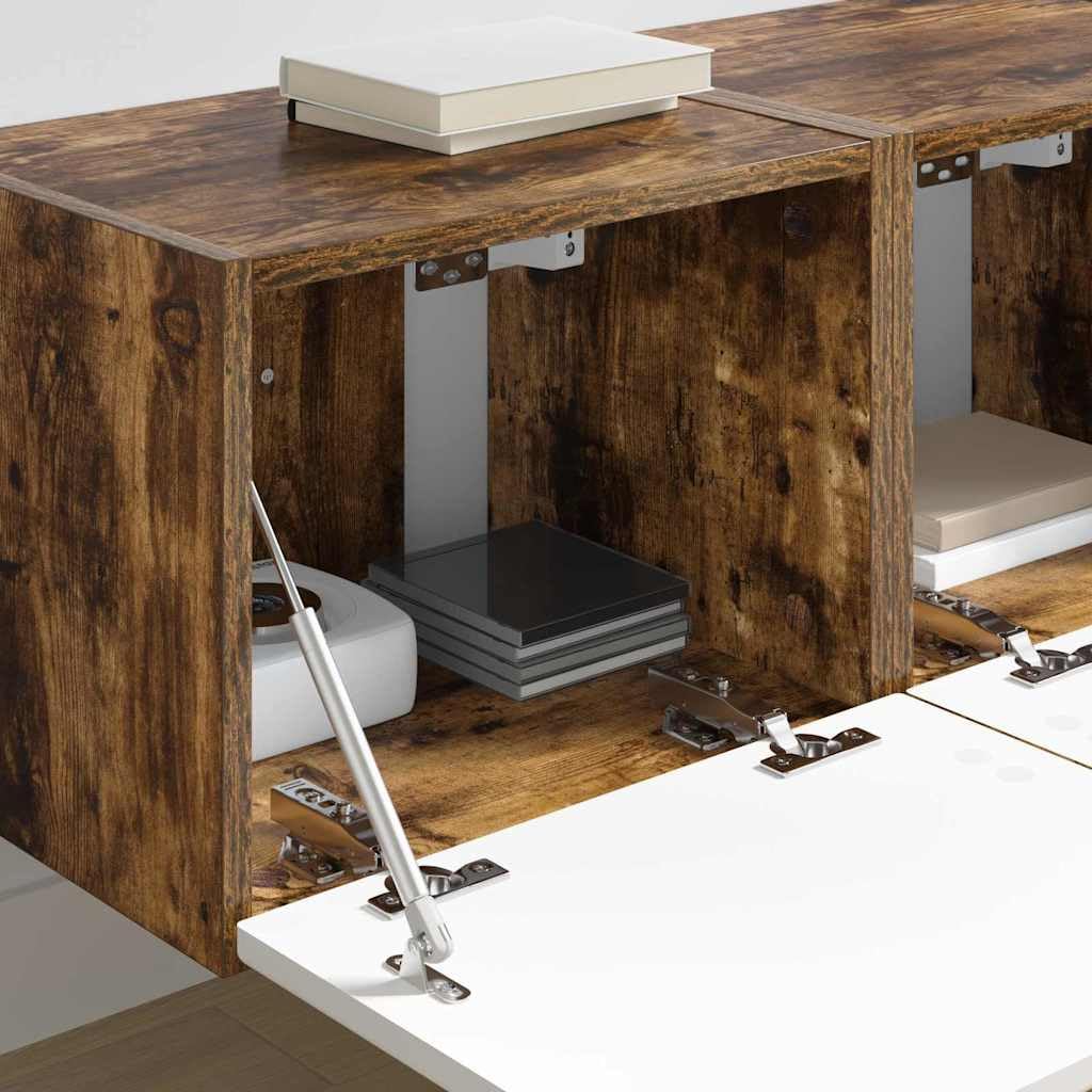 TV-Wandschrank 2er-Set, Geräucherte Eiche, 60x31x29,5 cm, Modernes Design, Wandmontiertes TV-Regal für Wohnzimmer, Media Center mit Stauraum