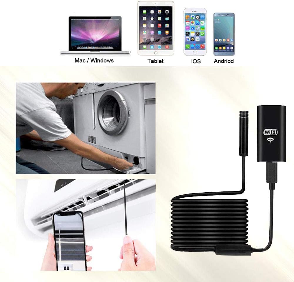 Kamera inspekcyjna Beva WiFi, megapikselowa kamera wysokiej rozdzielczości, elastyczna półsztywna kamera inspekcyjna endoskopu, z 5m kablem, kompatybilna z IOS/Android/tablet/Windows (czarny)