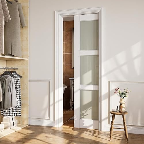 CRUTOP Pocket Door, 28\" x 80\" 3-Lite Frosted Glass Door Slab & Pocket Door Frame Kit &Soft Close for 2x4 Studs Wall, Interior Sliding Door No Slam or Pinch, Alt. French Door, Prehung Door, Closet Door
