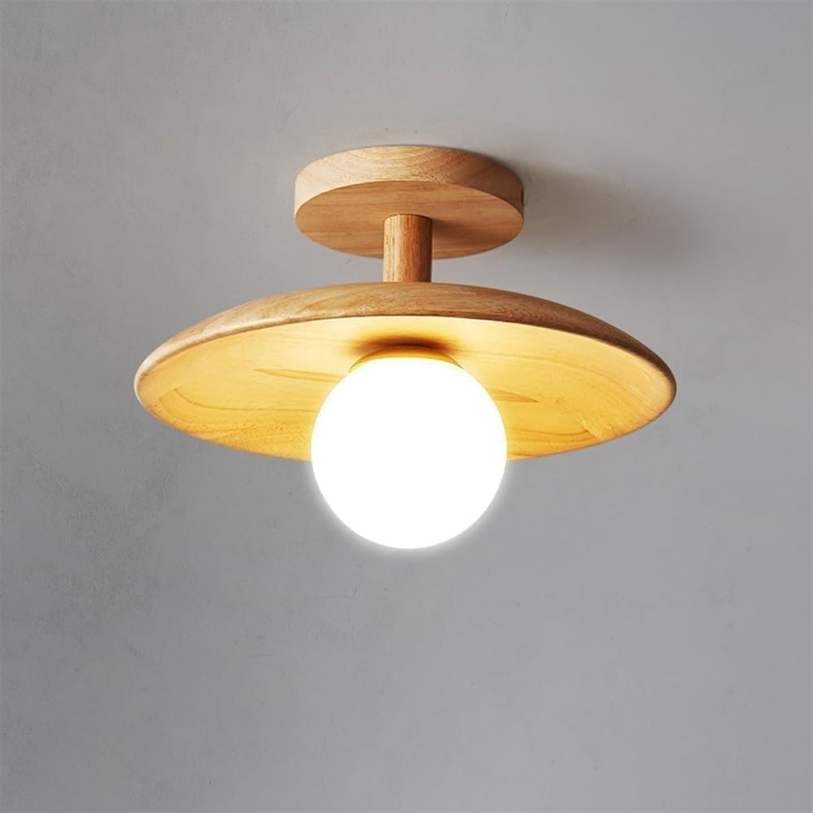 Plafonnier en bois vintage rustique avec globe en verre laiteux 28 cm