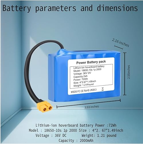 10S1P Lithium Battery for Hoverboard - 36V 2000mAh, Slim Profile (4x2.67x1.49in), 500+ Cycle Life