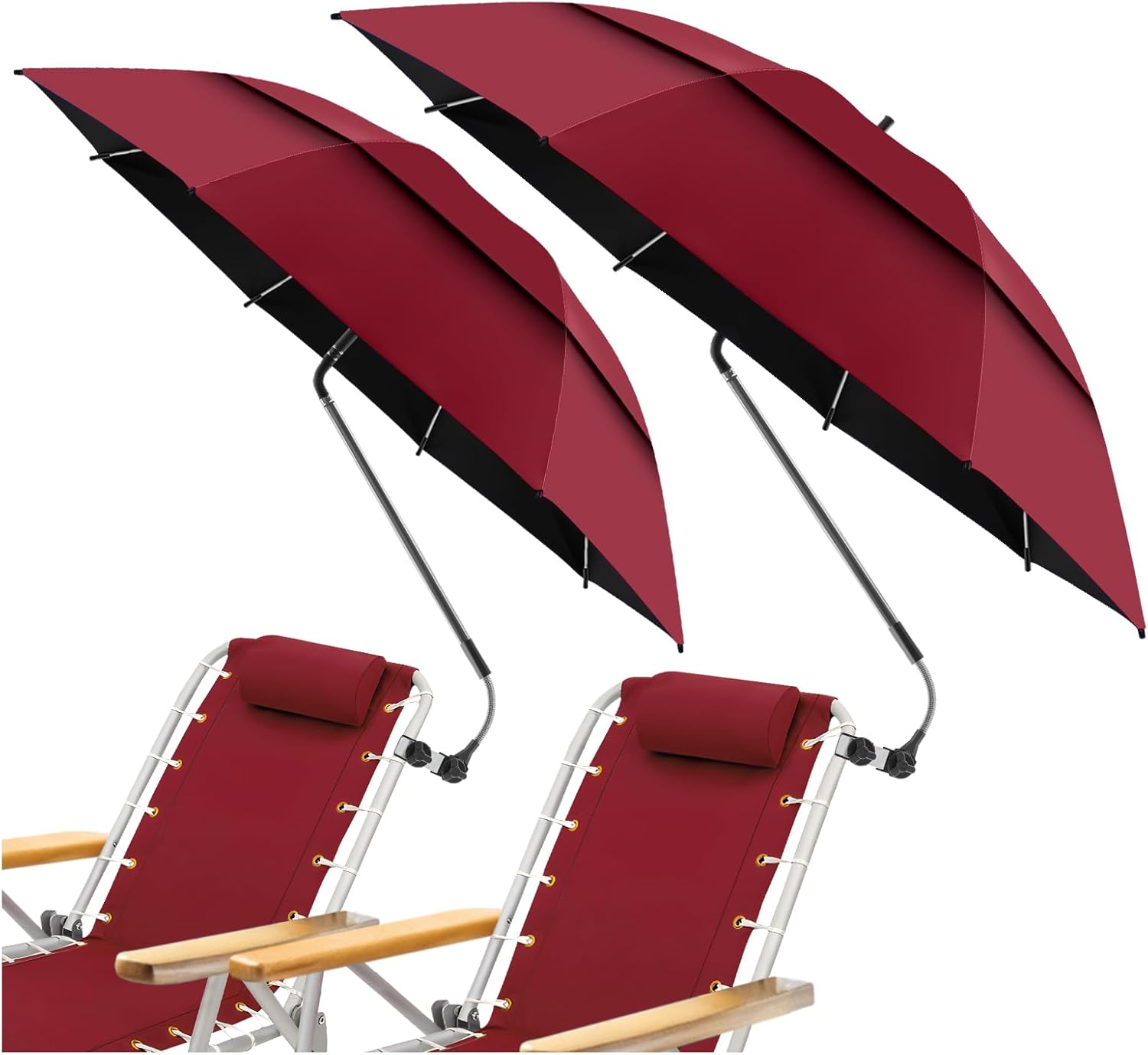 2 Pack 48.6" Double Canopy Umbrella with Clamp, UPF50+ Beach Chair Umbrella with clip, 360°Adjustable Portable Outdoor Wheelchair, Patio, Golf Carts,Camping(Not Include Chair)