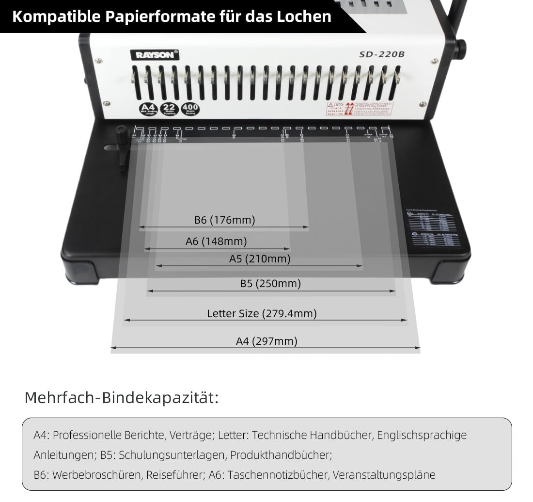 RAYSON Plastik-Bindekamm Bindegerät, 21 Löcher, Bindet 400 Blatt, SD-220B | Robuste Metallkonstruktion, 21 herausnehmbare Stanzmesser, Kostenloses Bindematerial im Lieferumfang enthalten