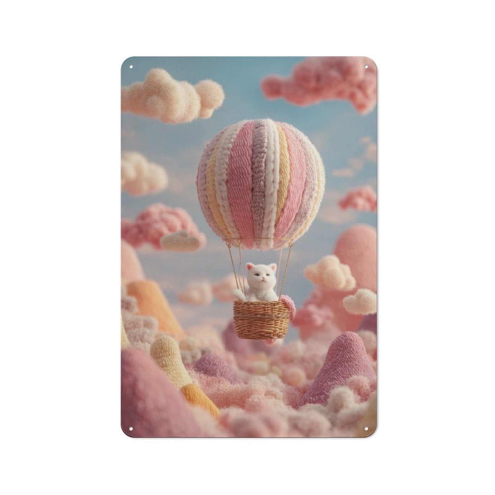 Junmoney Cat In Hot Air Balloon Dreamscape Rustic Decorative Tin Sign 30X20cm, Cottage Wall Art For Cottage, Kitchen, Hallway Or Breakfast Nook