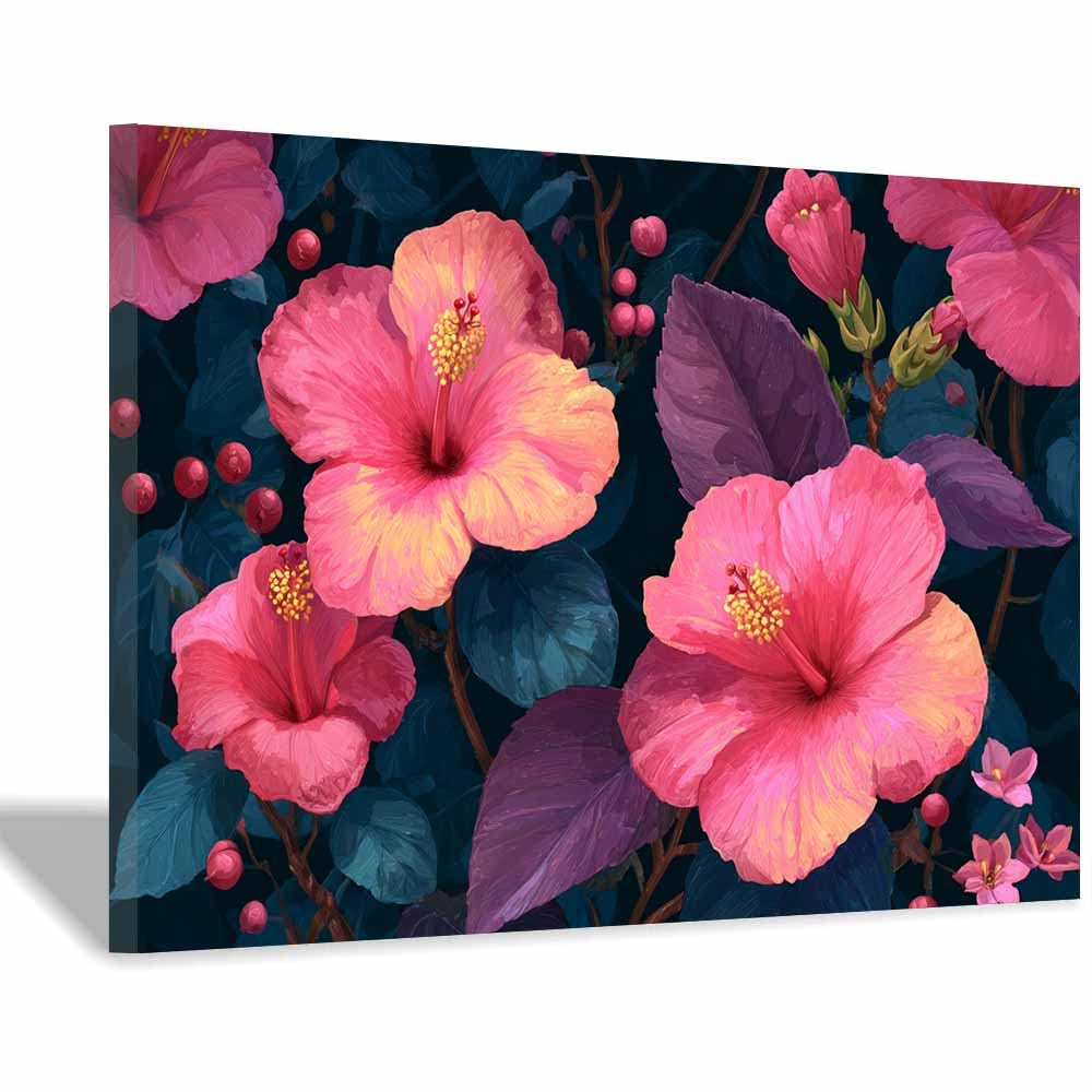 Hoqiu Multicolor Flower Posters Pink Hibiscus Painting Modern Canvas Wall Art, Decorative Paintings, Canvas Painting Wall Art For Home Decor.(Multicolor)-30X40cm Framed