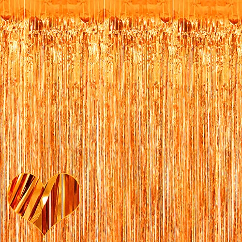 Image of 4 Pack Orange Fringe Curtain Backdrop, 3.2Ft x 6.6Ft Metallic Tinsel Foil Fringe Streamers Background for Photo Booth Birthday Wedding Baby Shower Carnival Easter Mother's Day Party Decorations
