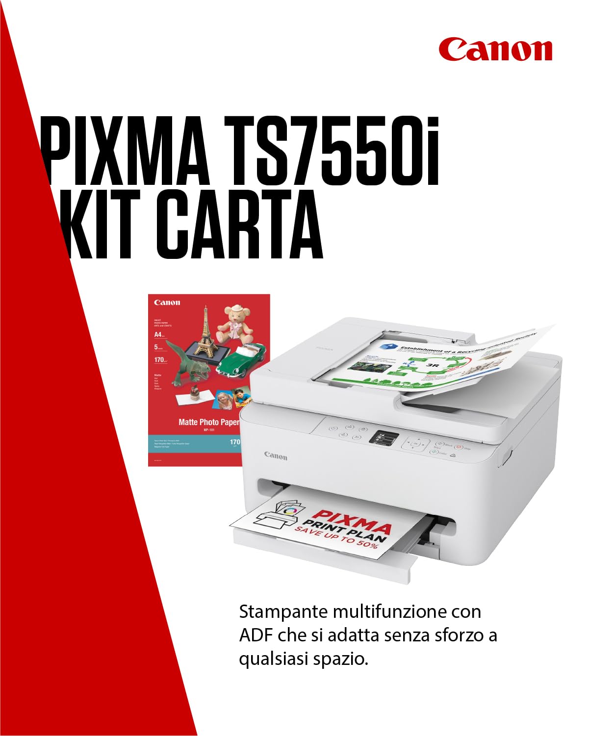 Canon PIXMA TS7550I Stampante Multifunzione Wi-Fi Alimentatore Automatico 35 fogli PIXMA Print Plan Carta Fotografica A4 MP-101 5 Fogli