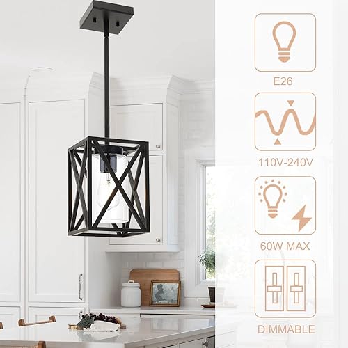 Miniatura 8 de WINSHEN Lámpara de isla de cocina de granja de 5 luces en acabado negro, accesorios de iluminación colgantes lineales rectangulares vintage con