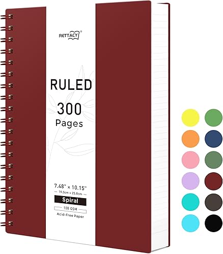 RETTACY Cuaderno de espiral de 300 páginas, cuaderno de rayas universitarias B5 con 7.48 x 10.15 pulgadas, papel rayado universitario de alta