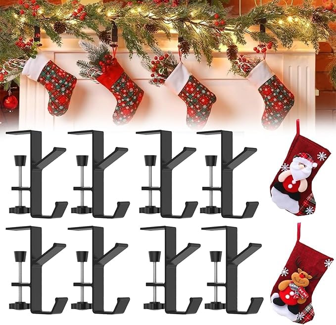 2 in 1 Garland and Stocking Mantel Hangers, 2025 New Adjustable Fireplace Stocking Hooks Double Door Garland Hanger with Hooks, No Drill Heavy Duty Stocking Holders for Mantle (Black-8PCS)