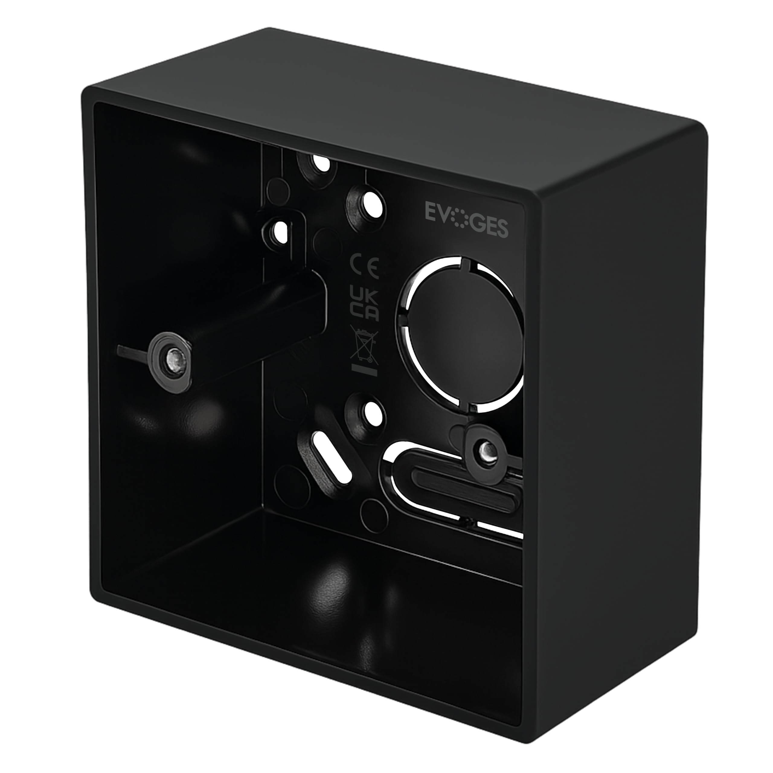 Evoges Pattress Box Black 44mm Deep – PVC Surface Back Box with Knockouts, Rounded Corners – Electrical Mounting Box for Light Switches & Plug Sockets (1 Gang)