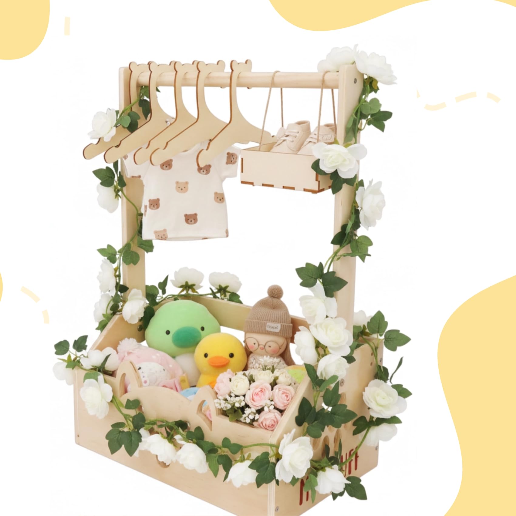 Panier cadeau en bois, baby shower en bois avec poignée, cintres pour enfants, guirlande et petit tiroir pour nouveau-né baby shower nouveaux parents (boîte en bois de roses blanches)