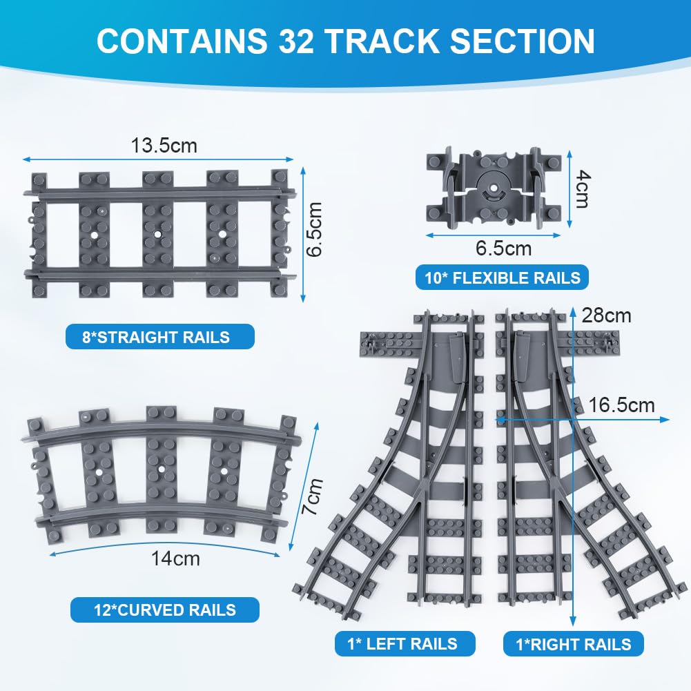 HOTUT 32 PCS City Train Tracks, City Railway Rail Set, Toy Train Track Extension Pack Compatible with All Major Brand - Image 2